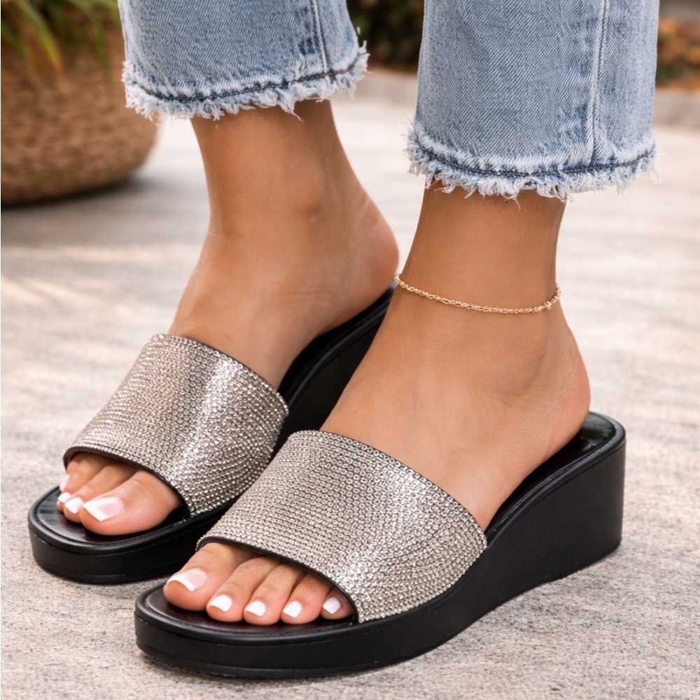 Olivia Miller Silver Metallic Slide Wedge Sandals